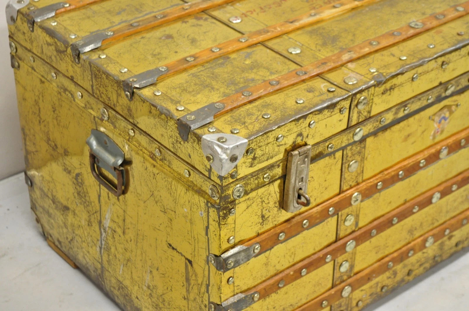 Antique Victorian Brass Clad Wooden Band Train Trunk Storage Treasure Chest