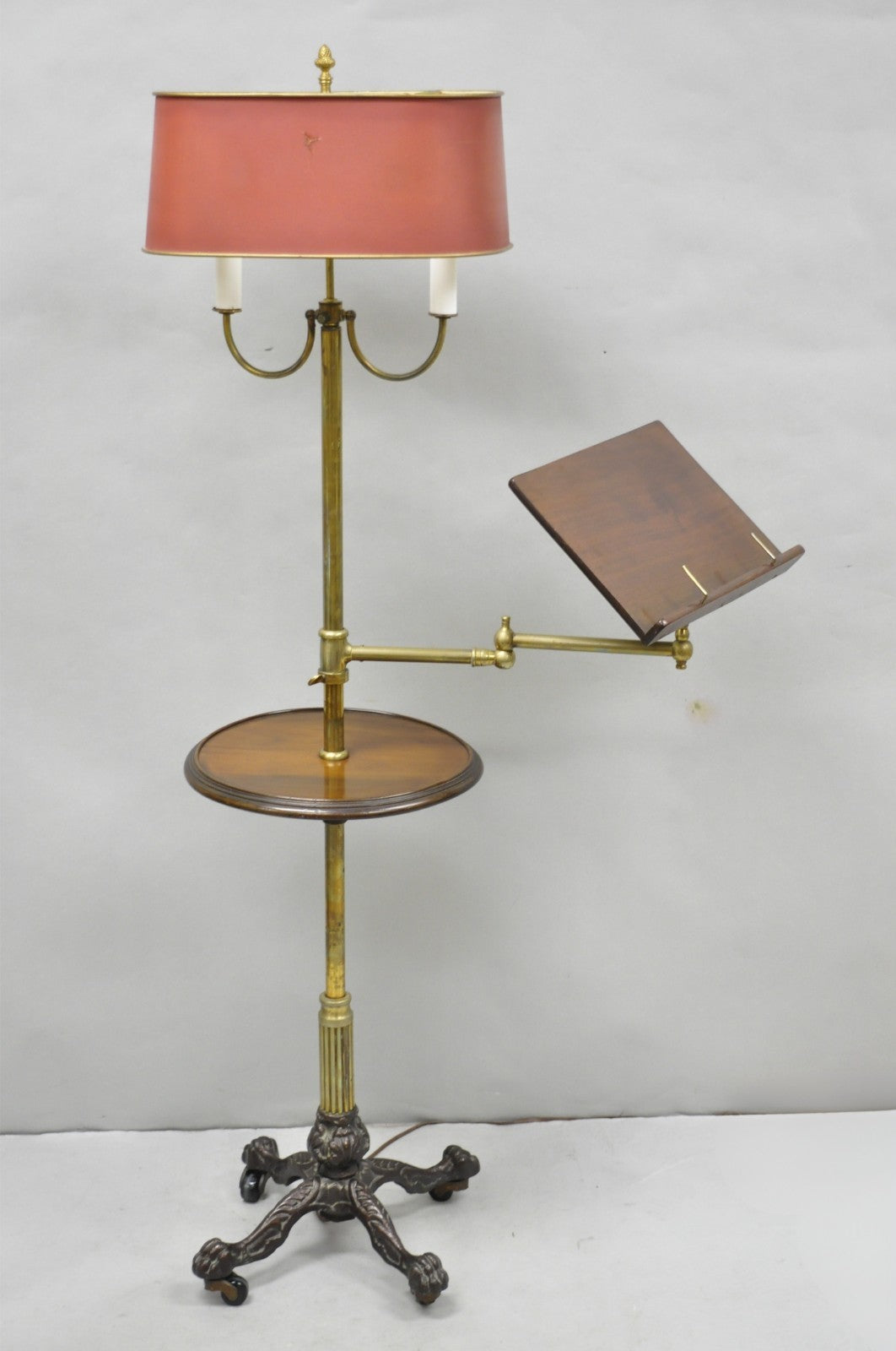 Antique English Victorian Cast Iron Paw Foot Walnut & Brass Lectern Table w Lamp