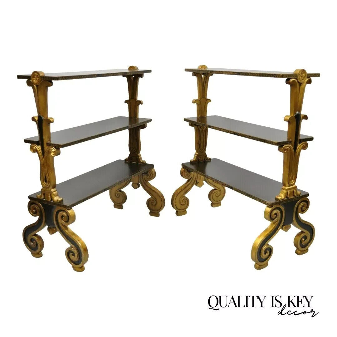 Regency Style Black & Gold 3 Tier Whatnot Stands Bookcase Shelf Curio - a Pair