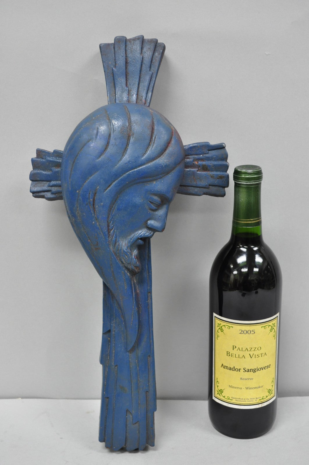 Vintage Religious Jesus Sculpted Resin Blue Mid Century Wall Crucifix Cross