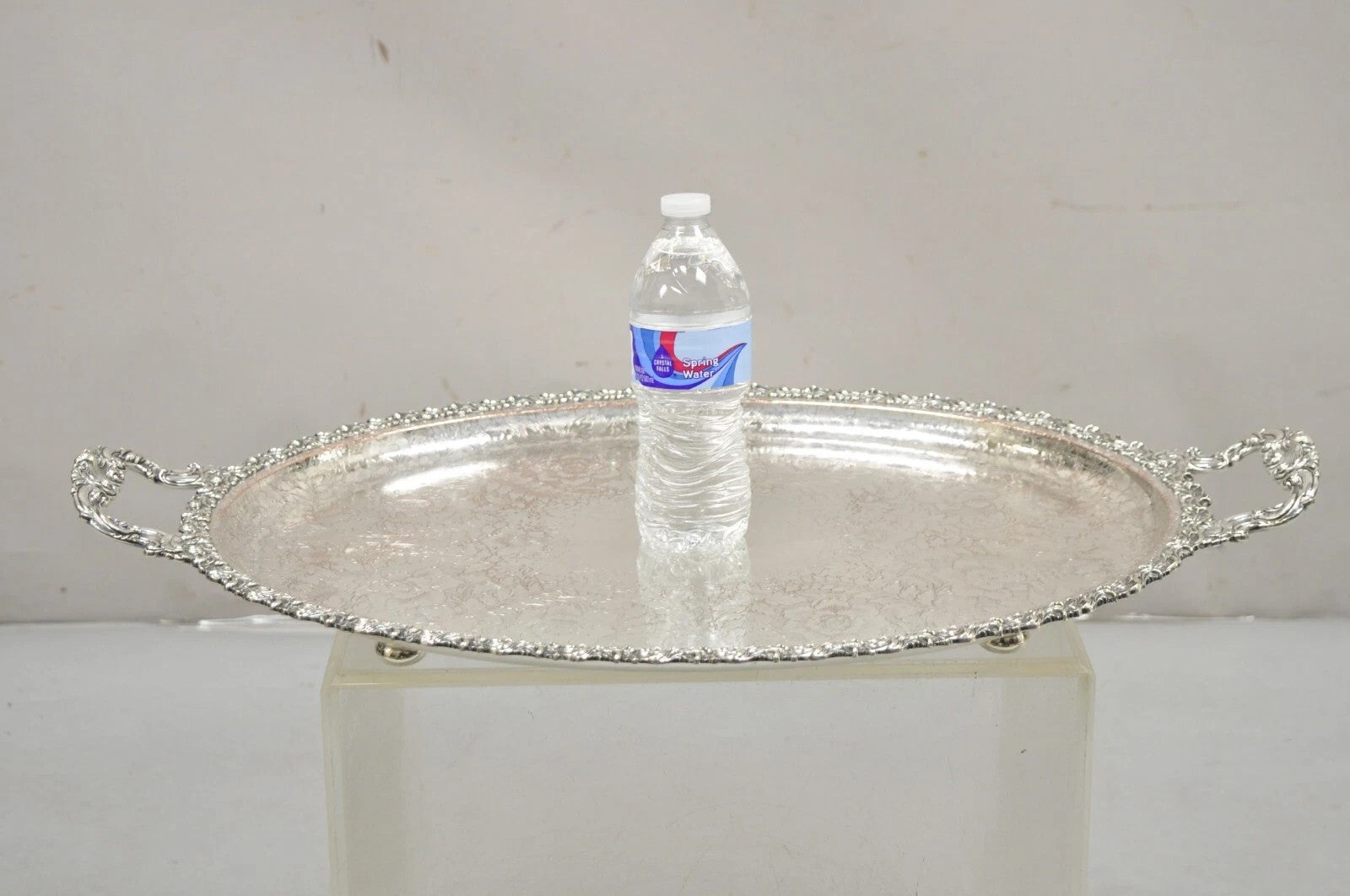 Antique English Victorian Silver Plated Repousse Oval Serving Platter Bar Tray