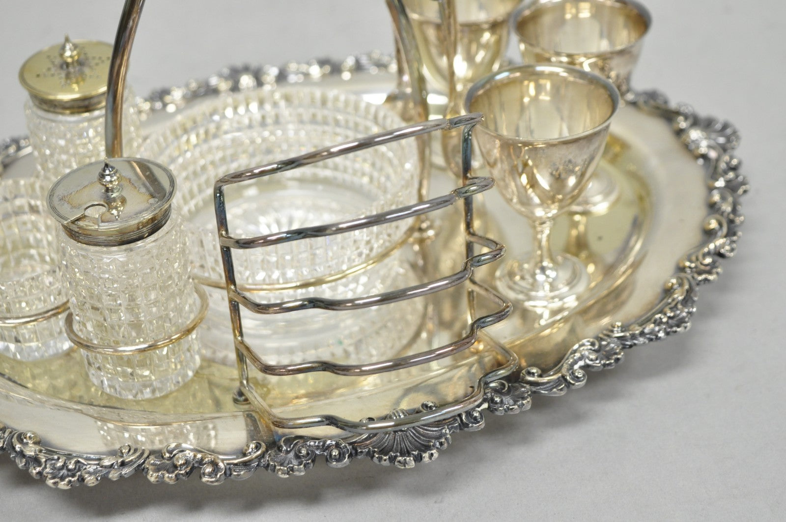 Antique Victorian Silver Plated Footed Cut Glass Breakfast Set Toast Rack w Tray