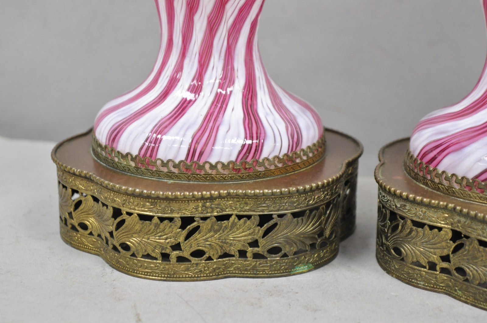 Vintage Italian Latticino Murano Pink Ribbon Swirl Glass Small Table Lamp - Pair