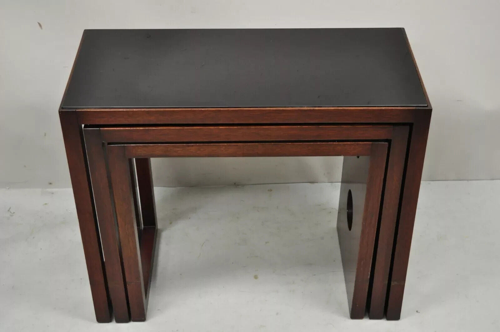 James Mont Mid Century Modern Mahogany & Glass Top Art Deco Nesting Side Tables