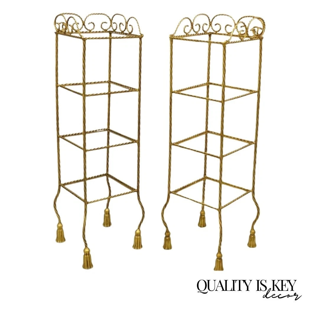 Italian Hollywood Regency Rope Tassel Gold 4 Tier Iron Etagere Shelf - a Pair