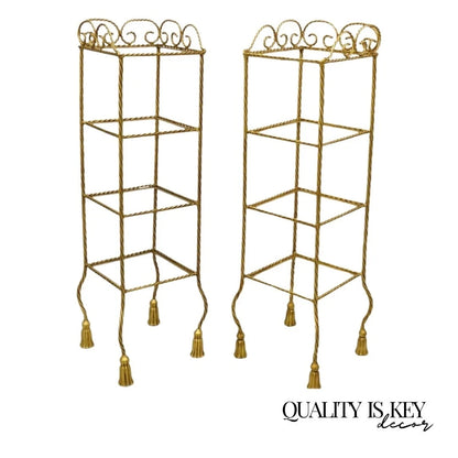 Italian Hollywood Regency Rope Tassel Gold 4 Tier Iron Etagere Shelf - a Pair