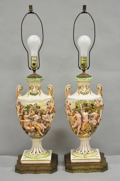 Antique Italian Capodimonte Ceramic Porcelain Figural Urn Table Lamps - a Pair