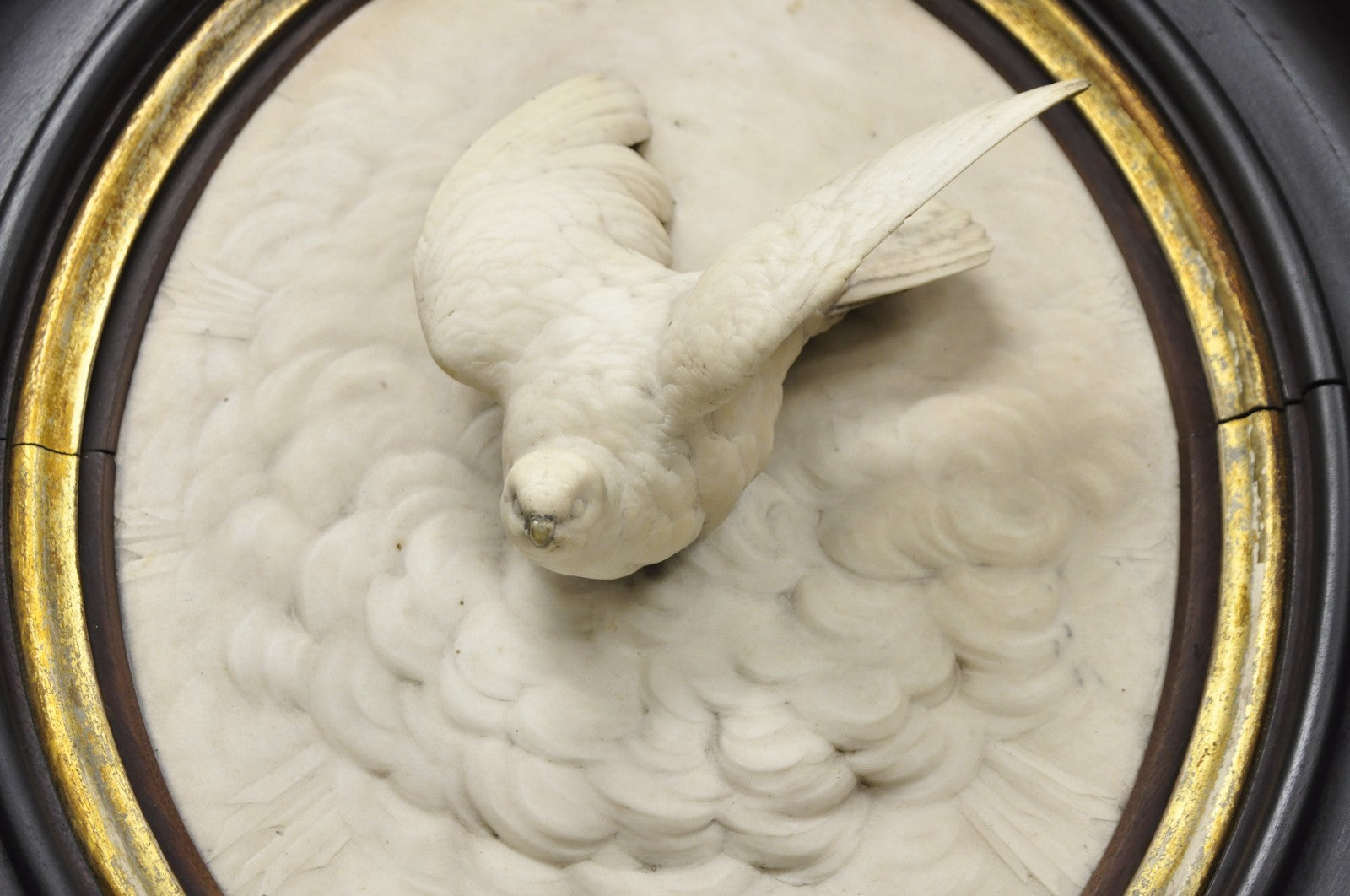 Antique Victorian Large Italian Oval Marble Relief Carved Dove Bird Wall Plaque