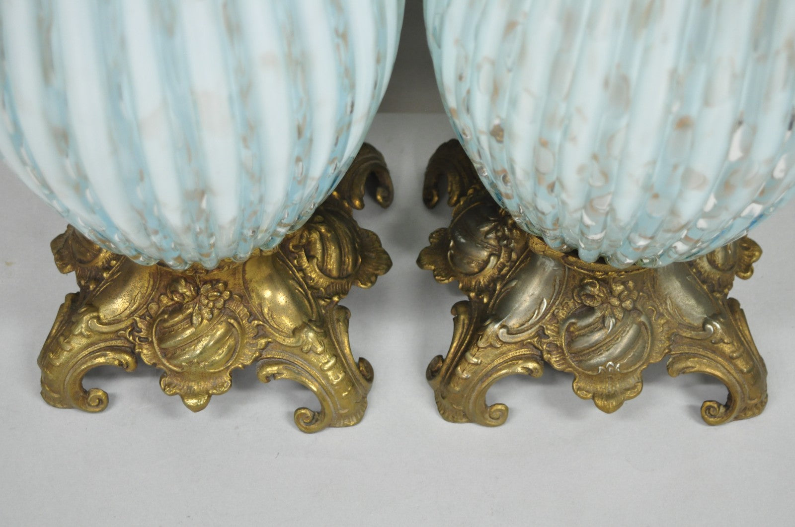 Vintage Mid Century Modern Blue Italian Murano Glass Gold Bubble Table Lamp Pair