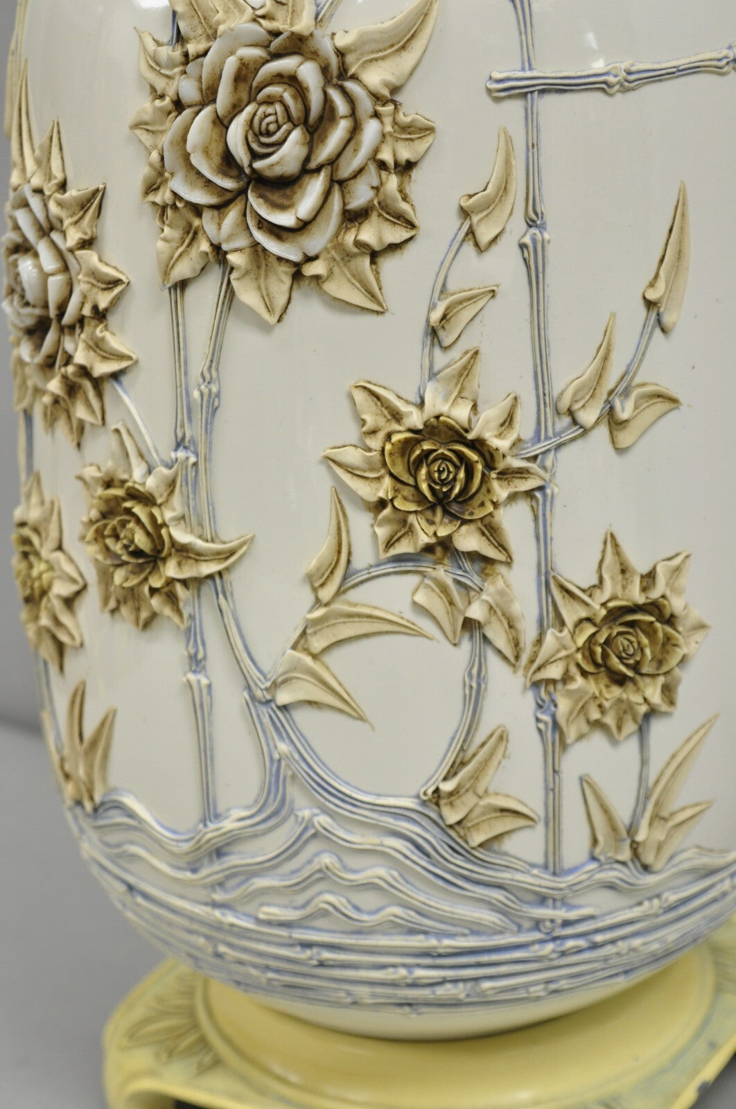 Vintage Chinoiserie White Porcelain Jardinere Table Lamp w/ Applied Flowers
