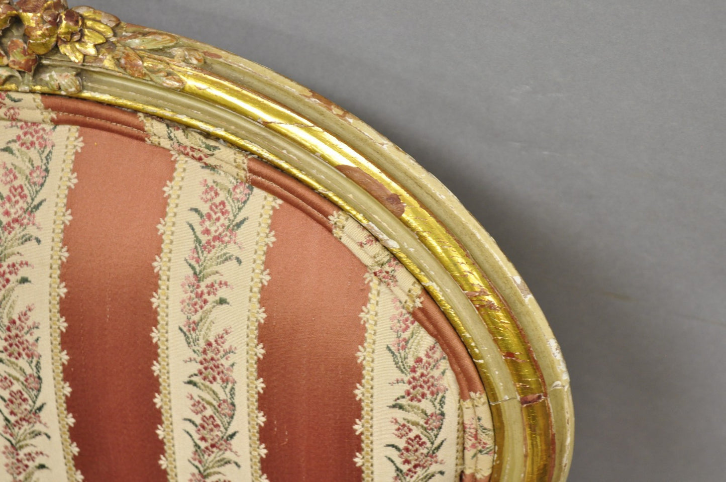 Antique French Louis XV Style Gold Giltwood Pink Stripe Fauteuil Arm Chair, Pair