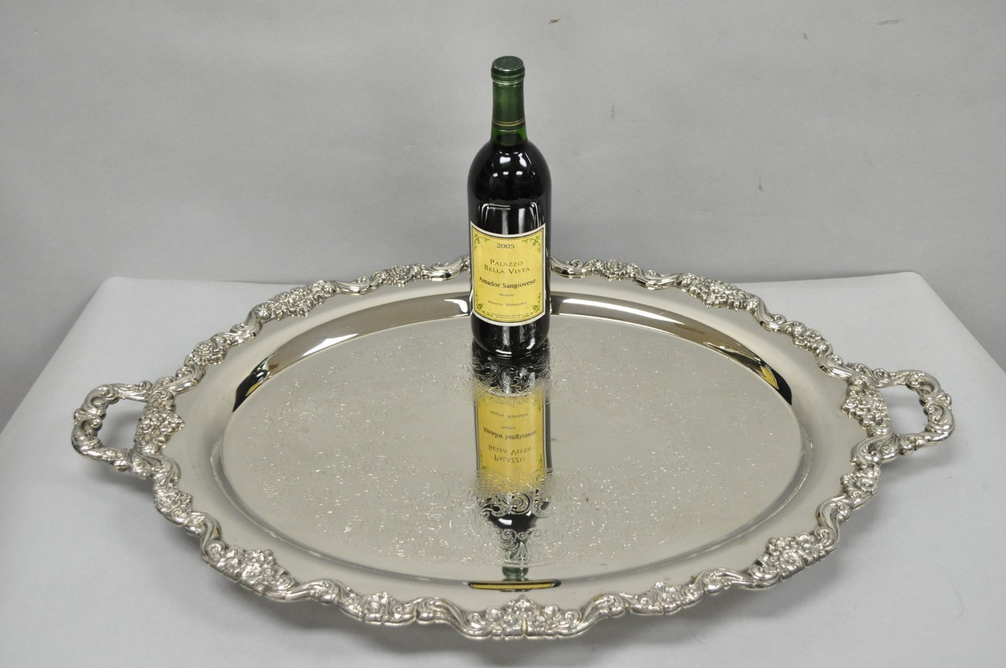 Vintage Extra Large Oval Silver Plated Serving Platter Bar Tray w/ Smoked Finish