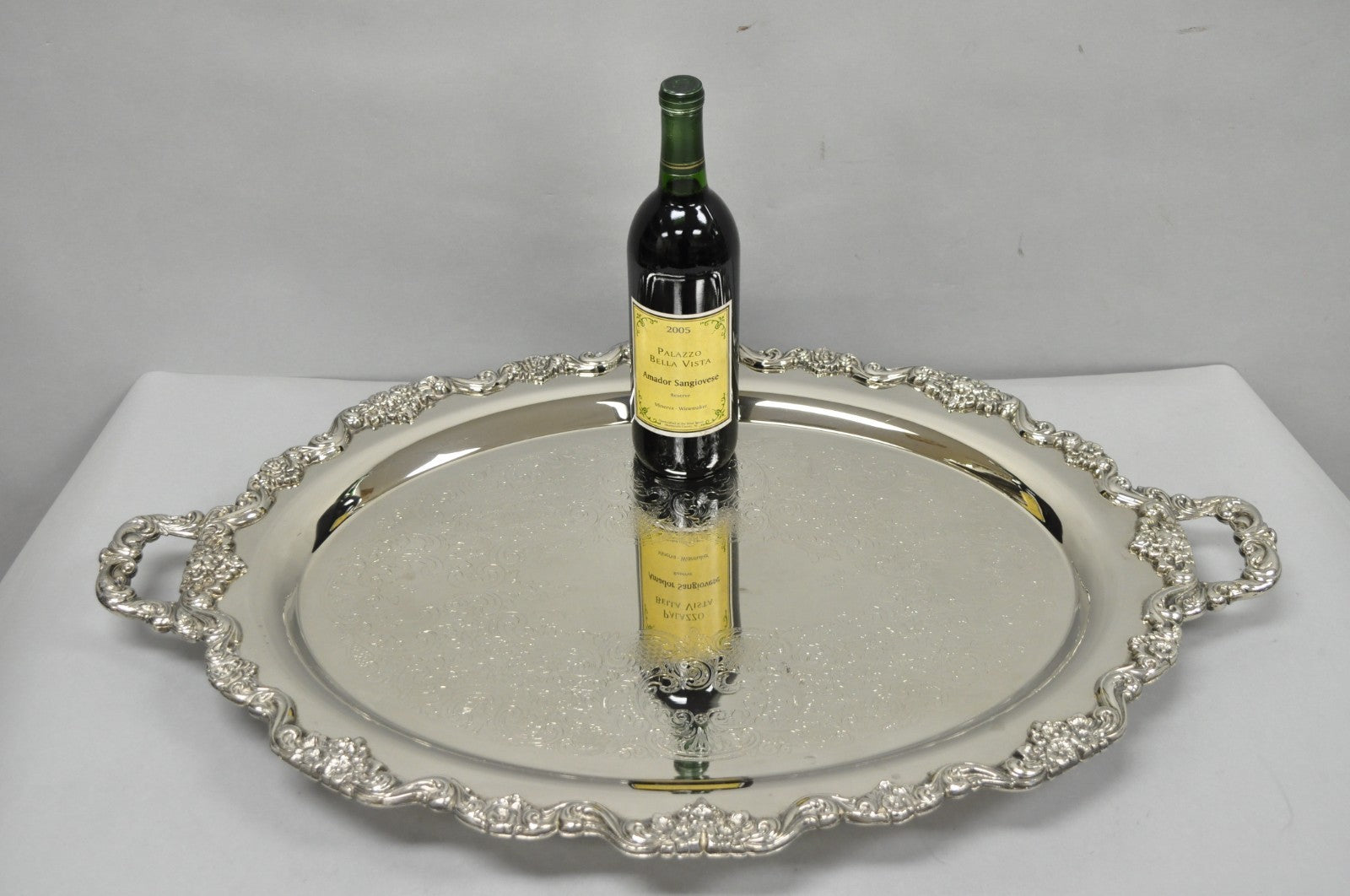 Vintage Extra Large Oval Silver Plated Serving Platter Bar Tray w/ Smoked Finish
