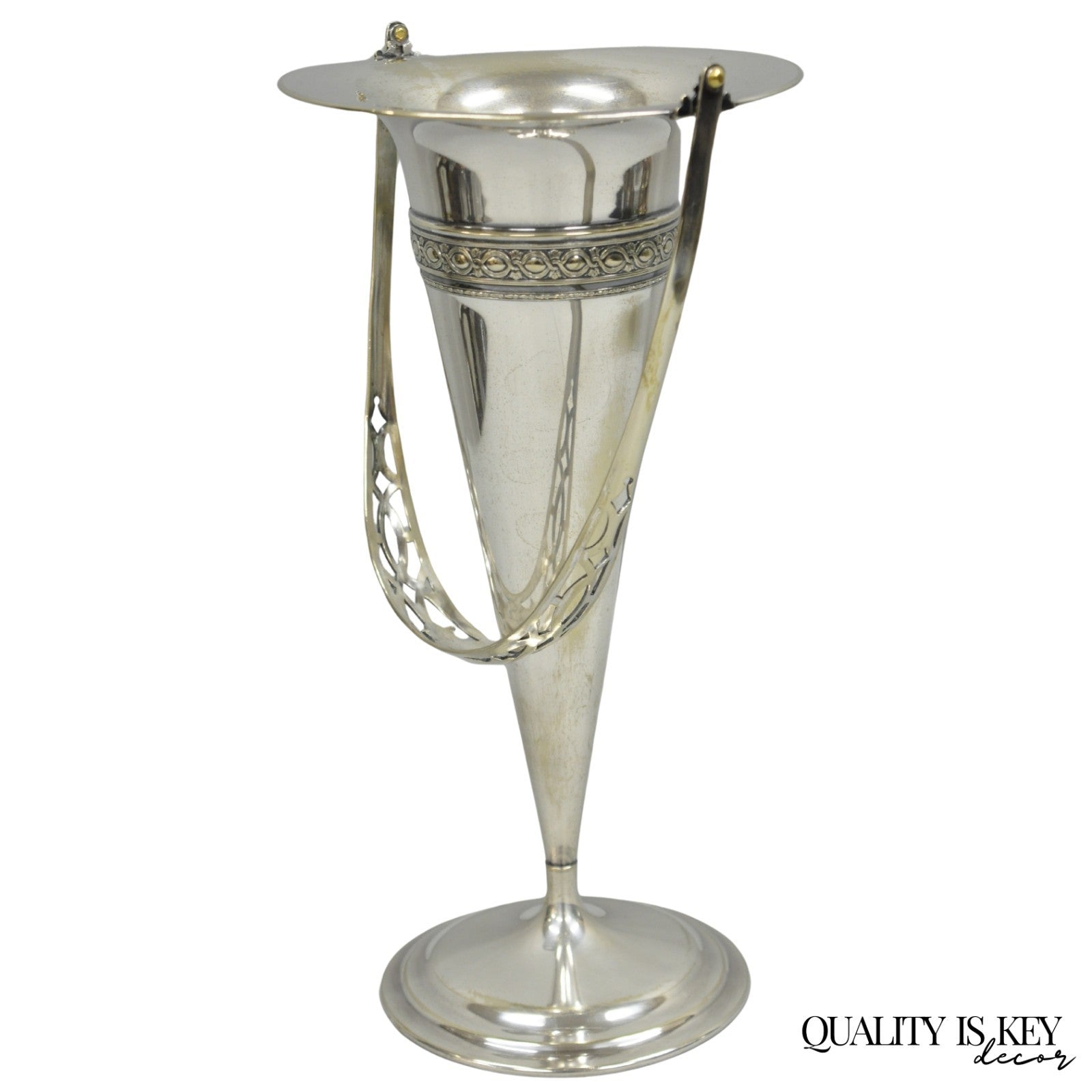Vintage Victorian Silver Plated Trumpet Flower Vase with Reticulated Handle