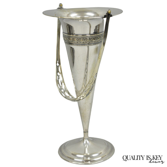 Vintage Victorian Silver Plated Trumpet Flower Vase with Reticulated Handle