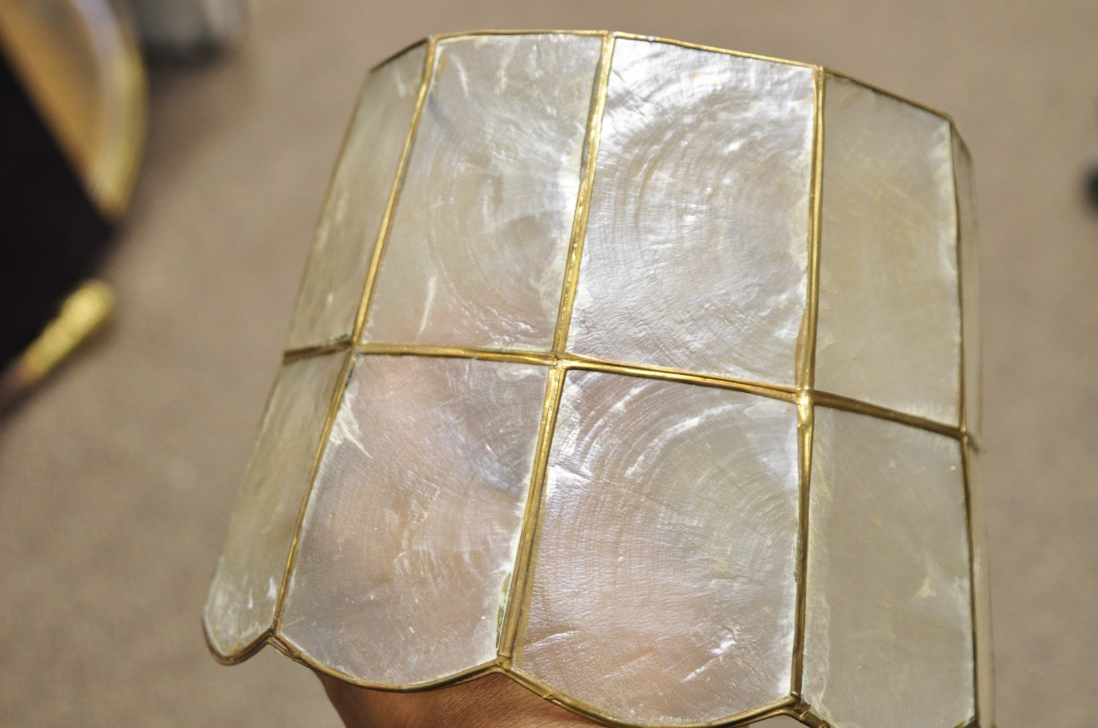 Vintage Italian Hollywood Regency Capiz Shell Gold 7.25 Round Clip On Lamp Shade