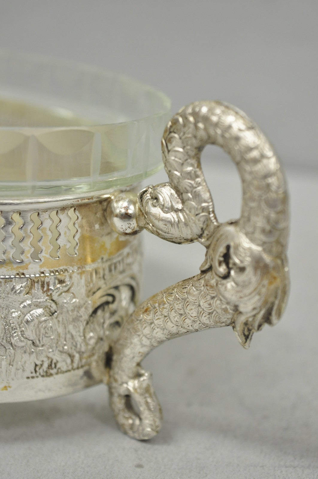 Vintage Italian Regency Silver Plated Dolphin Handle Glass Candy Dish Jardiniere