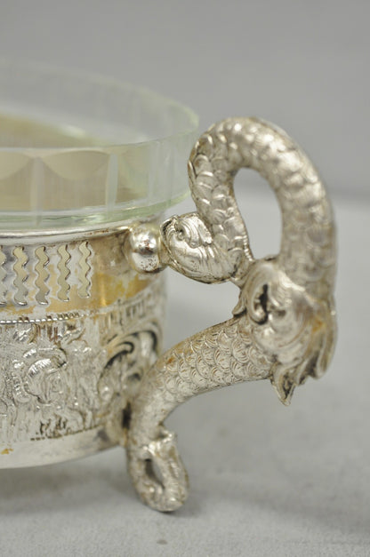 Vintage Italian Regency Silver Plated Dolphin Handle Glass Candy Dish Jardiniere