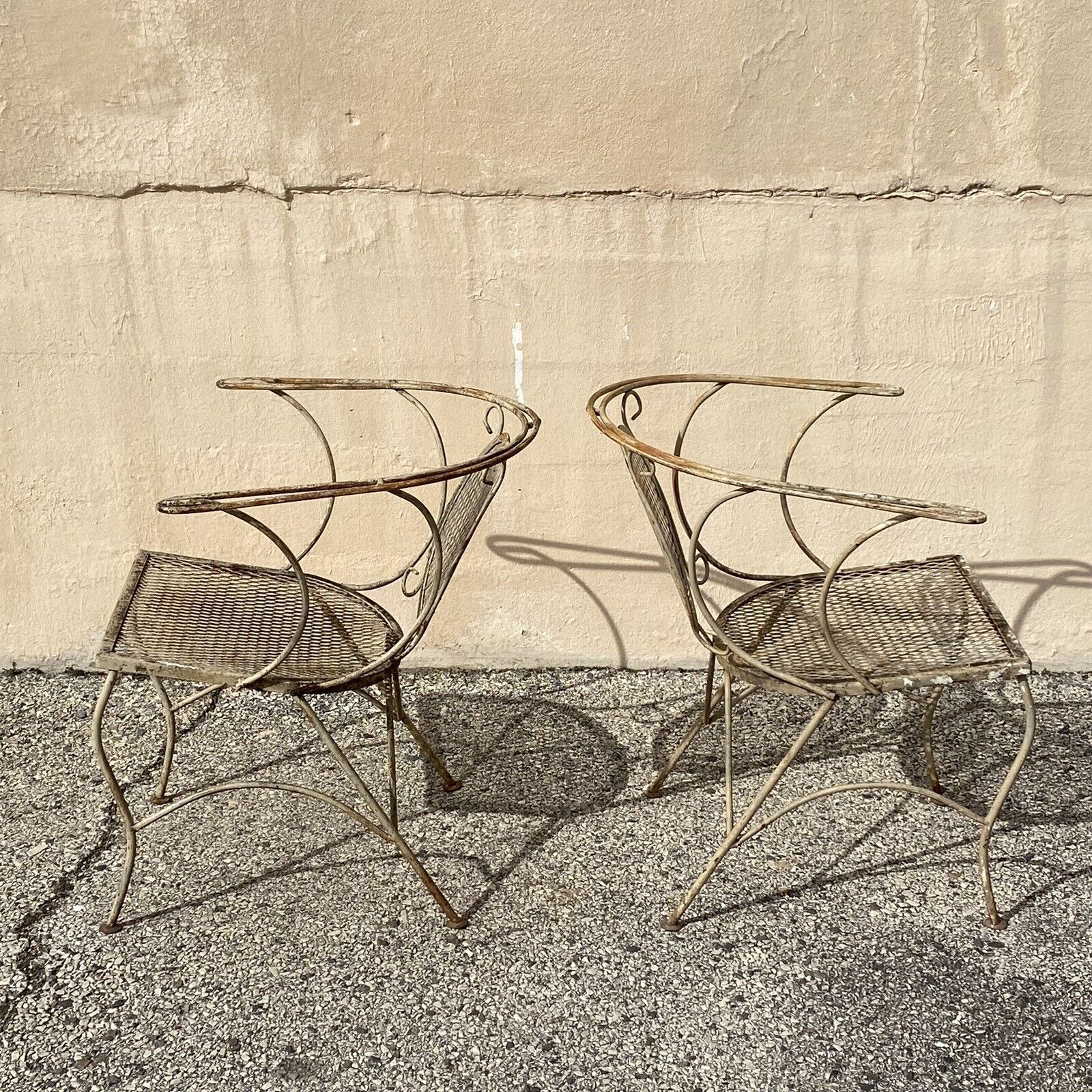 Vintage Mid Century Wrought Iron Barrel Back Garden Patio Dining Chairs - A Pair