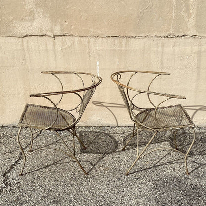 Vintage Mid Century Wrought Iron Barrel Back Garden Patio Dining Chairs - A Pair