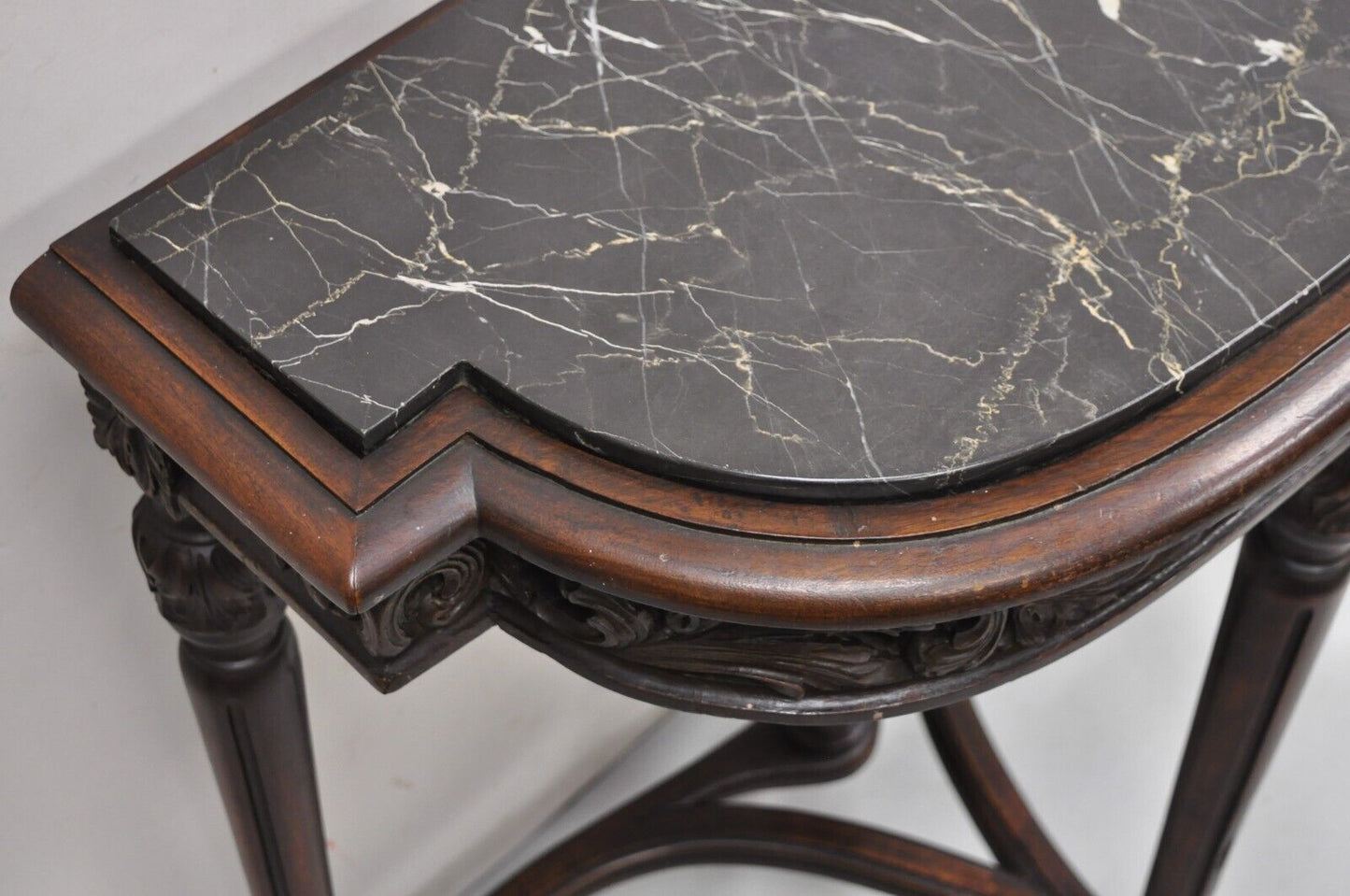 Antique French Louis XVI Carved Black Marble Top Demilune Console Hall Table