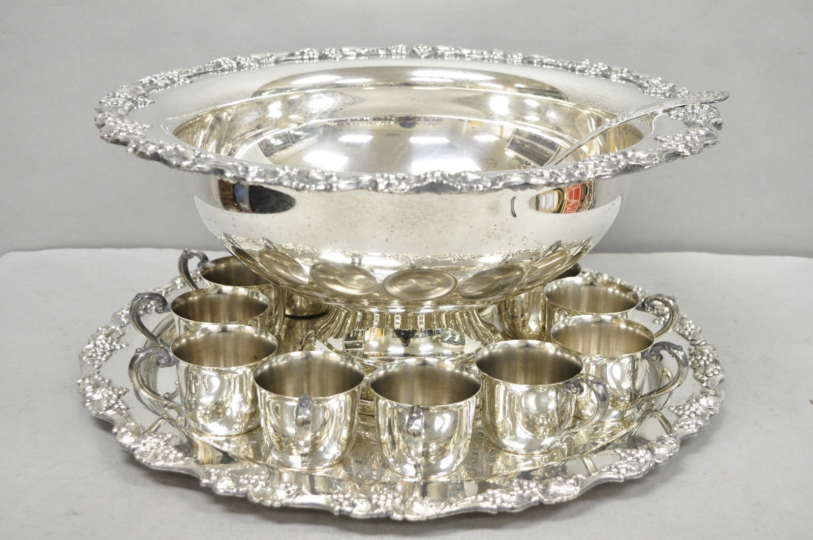 Vintage Sheridan Victorian Silver Plated Punch Bowl Set w/ 12 Cups and Tray