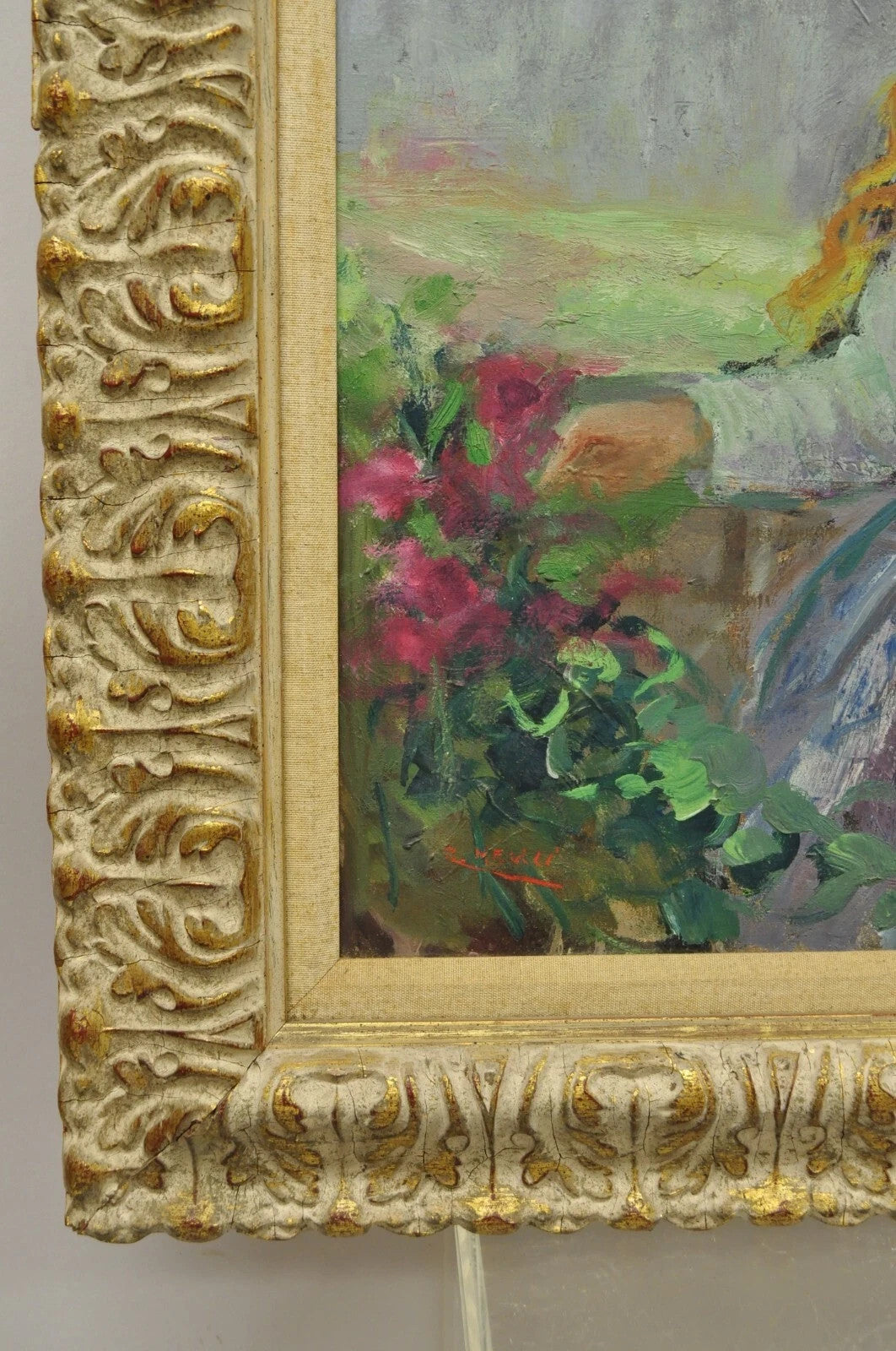 Zaza Meuli (b. 1892) Oil on Canvas Impressionist Painting Girl in Hat Orange Bow