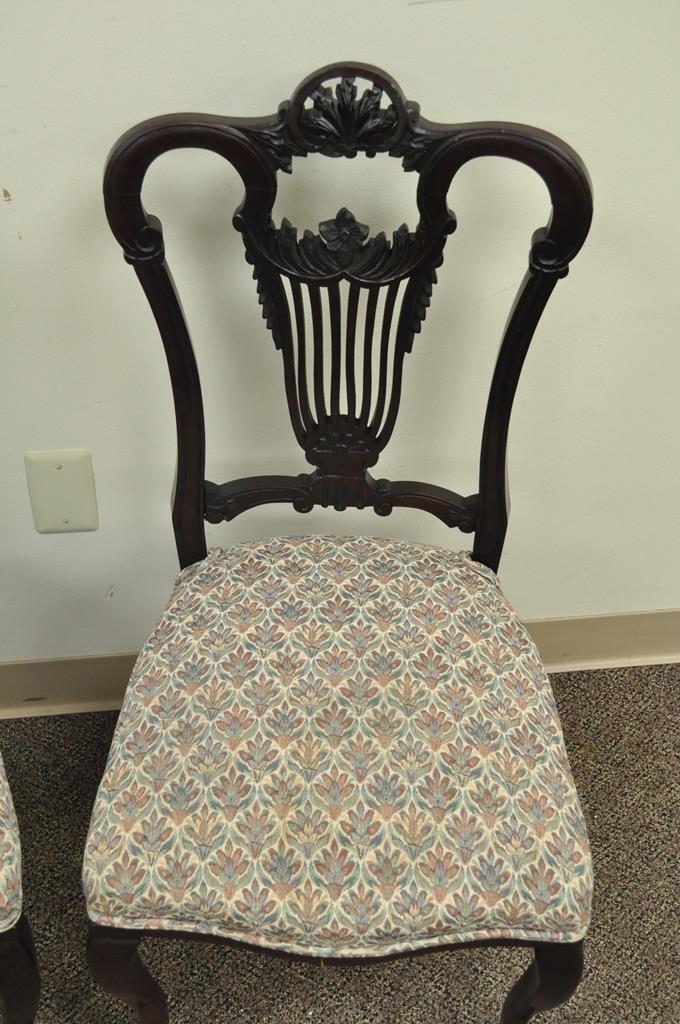 Antique Victorian Carved Mahogany Lyre Back Small Accent Side Chairs - a Pair