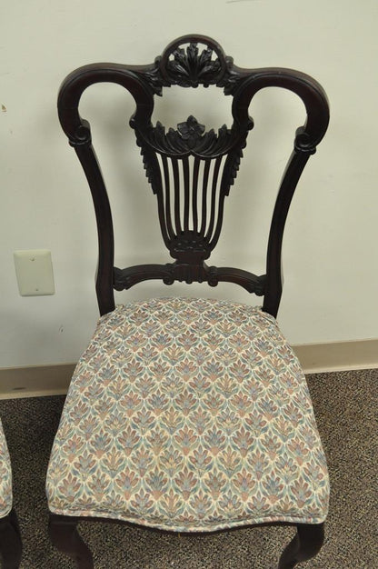 Antique Victorian Carved Mahogany Lyre Back Small Accent Side Chairs - a Pair