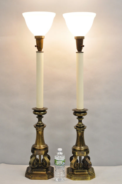 Vintage Hollywood Regency Burnished Brass Tall Candlestick Table Lamps - a Pair