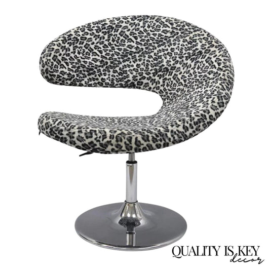 Modern Sculptural Black & White Leopard Print Chrome Swivel Club Lounge Chair