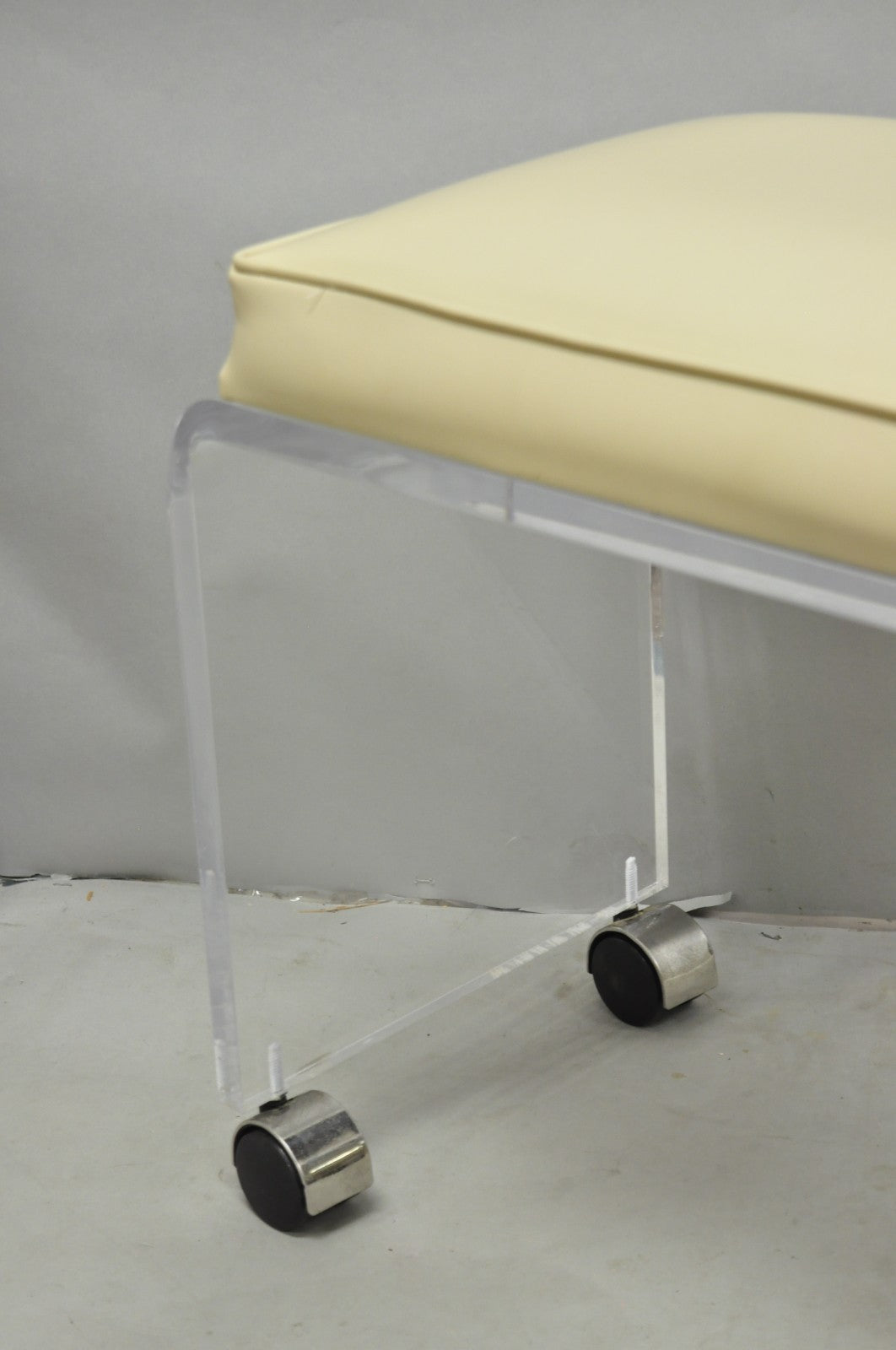 Vintage Mid Century Modern Clear Lucite Waterfall Vanity Bench Stool on Wheels
