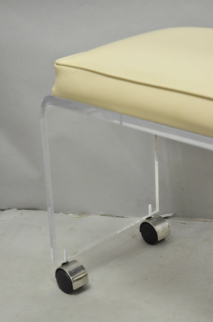 Vintage Mid Century Modern Clear Lucite Waterfall Vanity Bench Stool on Wheels