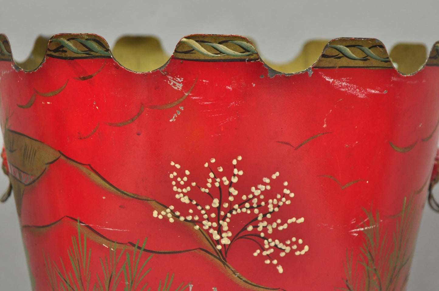 Italian Chinoiserie Hand Painted Oriental Red Tole Metal Wastebasket Trashcan