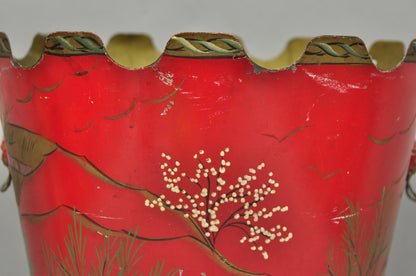 Italian Chinoiserie Hand Painted Oriental Red Tole Metal Wastebasket Trashcan