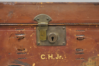 English Art Deco Brown Leather Travel Case Suitcase w/ Cunard Stickers & Top Hat