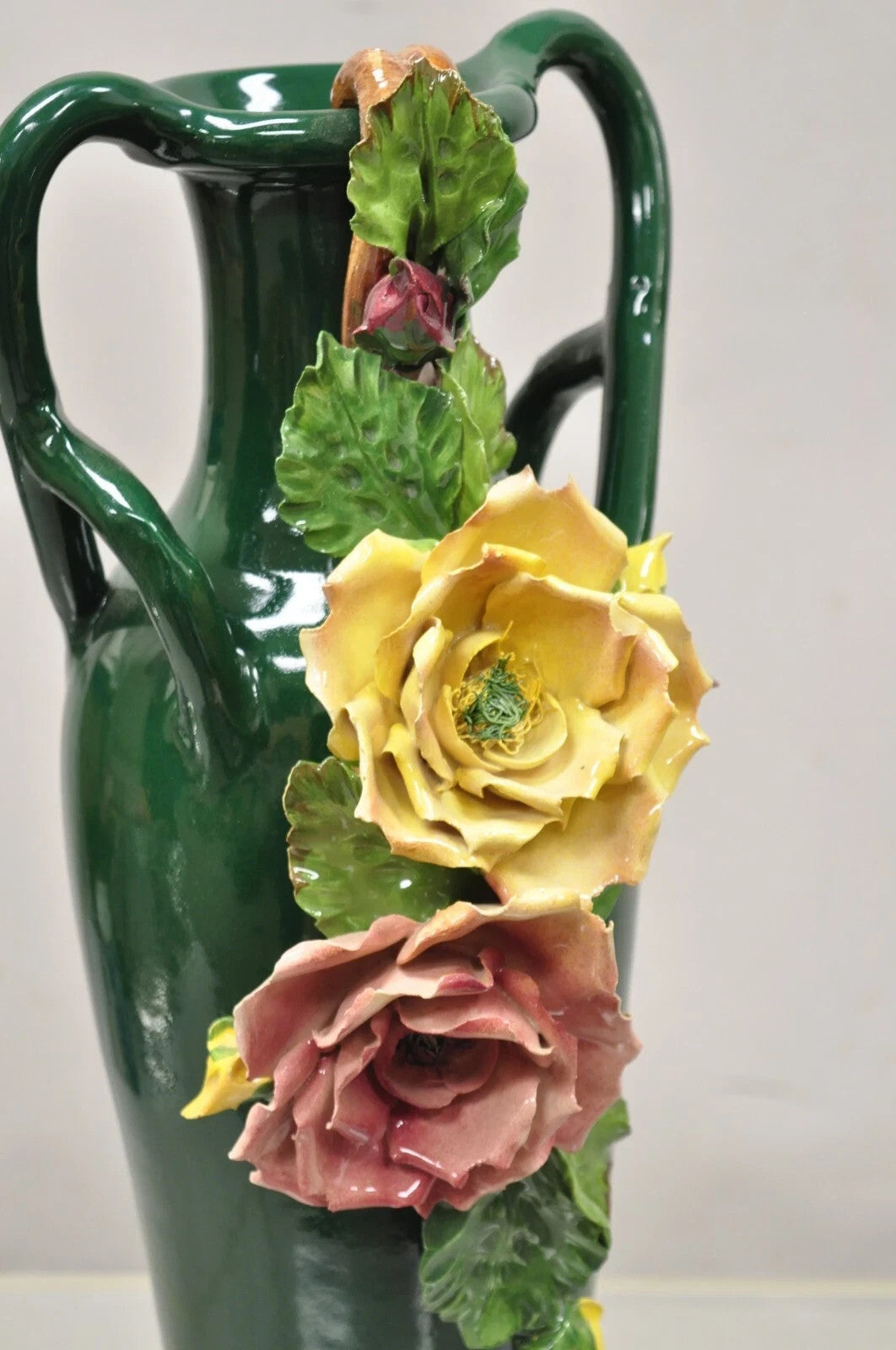 Vintage Victorian Green Porcelain Ceramic 18" Vase w/ Pink & Yellow Flowers