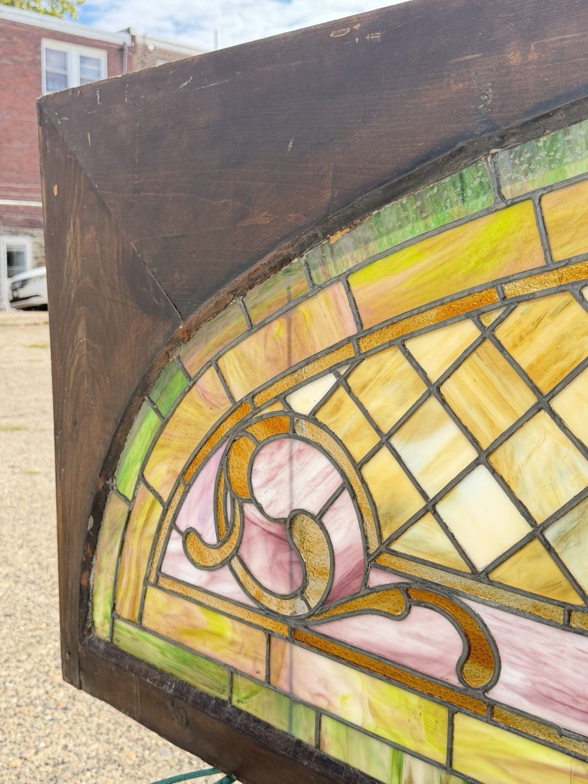 Antique Art Nouveau Colored Stained Glass Fruit 27 x 75 Arched Transom Window, B