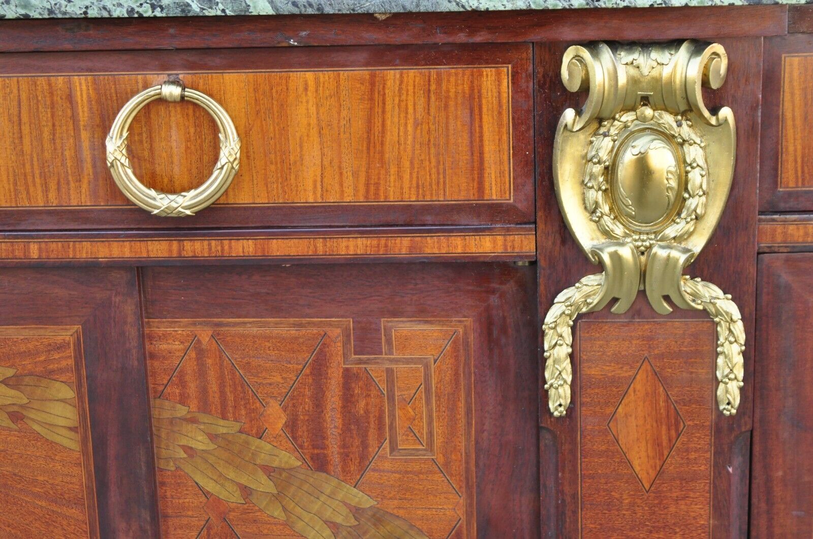 Antique French Louis XV Style Marble Top Bowed Glass Bronze Ormolu Sideboard