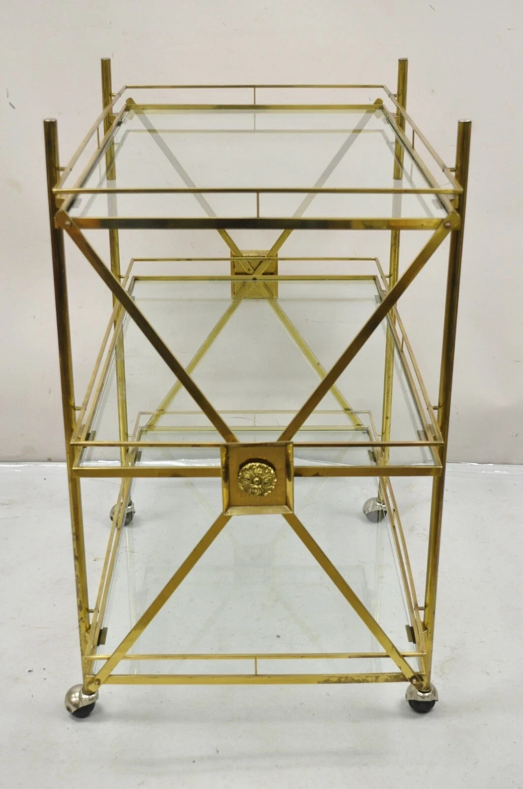 Mid Century Italian Modern 3 Tier Brass & Glass X-Frame Rolling Bar Cart Table