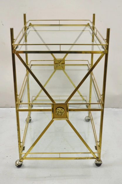 Mid Century Italian Modern 3 Tier Brass & Glass X-Frame Rolling Bar Cart Table