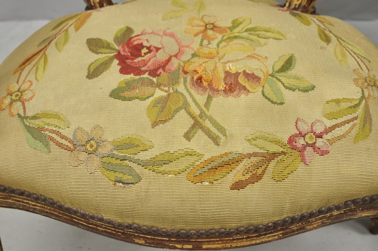 Antique French Louis XVI Style Aubusson Tapestry Fauteuil Arm Chairs - a Pair