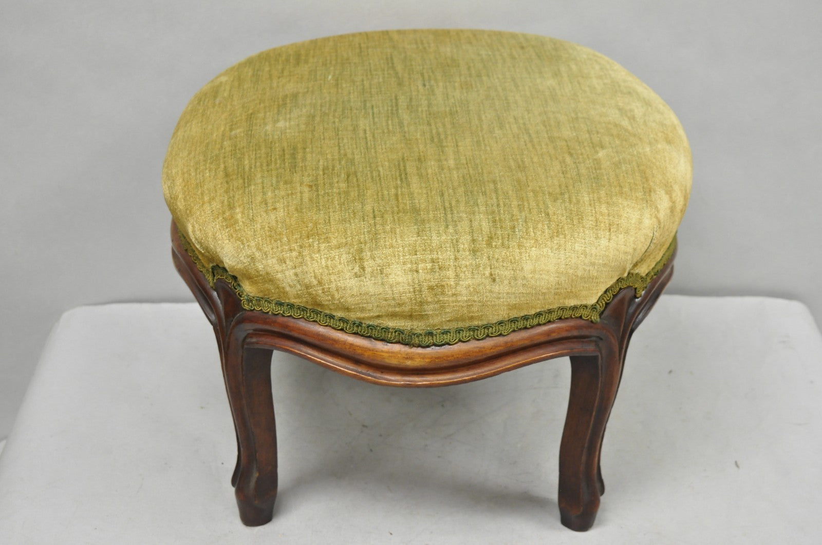 Antique Victorian Carved Mahogany Green Mohair Fabric Round Footstool Ottoman