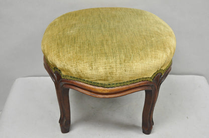 Antique Victorian Carved Mahogany Green Mohair Fabric Round Footstool Ottoman