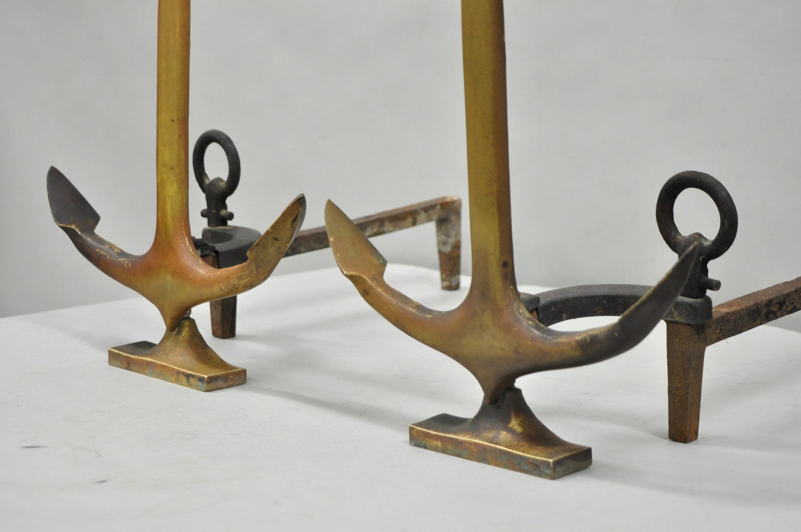 Antique Nautical Figural Ship Anchor Brass Fireplace Andirons w/ Patina - a Pair