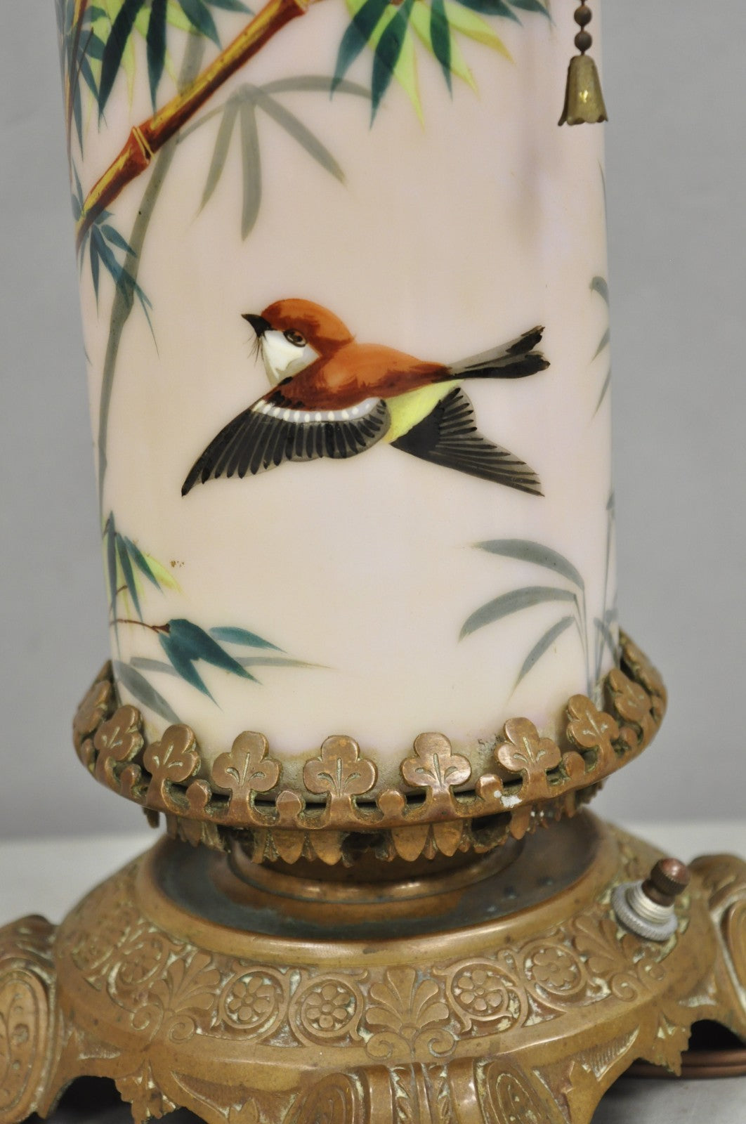 Art Nouveau Converted Oil Lamp Glass Cylinder Bird Painted Bronze Table Lamp