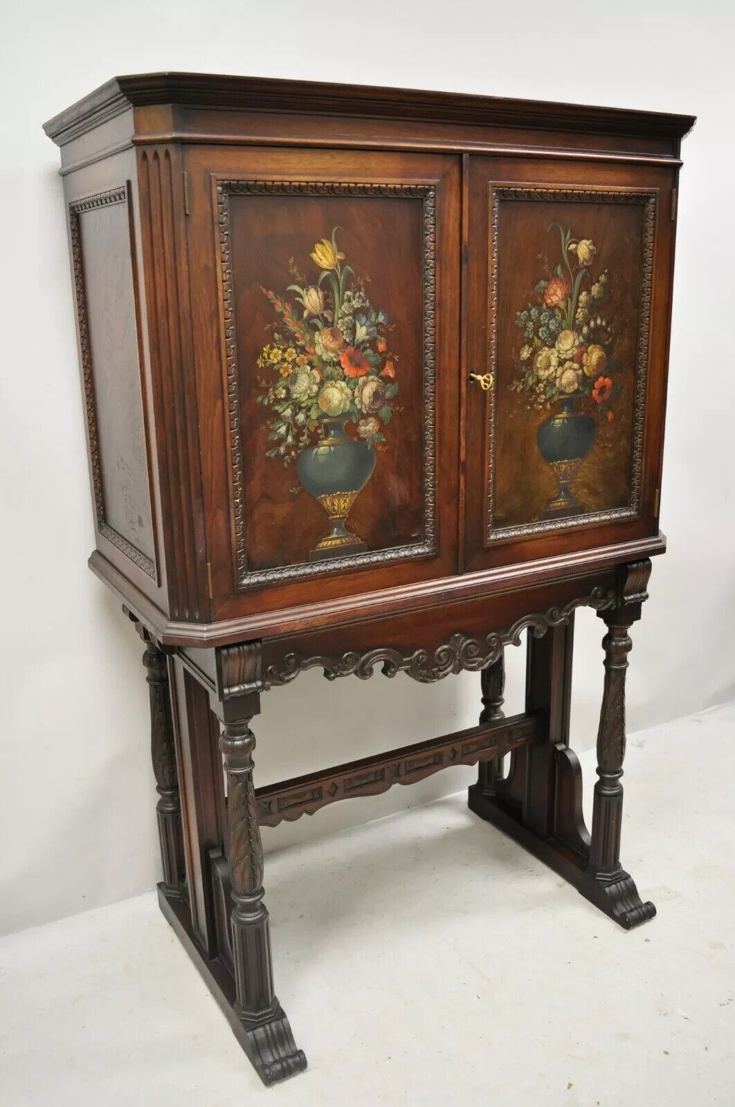 Antique Jacobean Floral Hand Painted Carved Walnut Blind Door Cupboard Cabinet