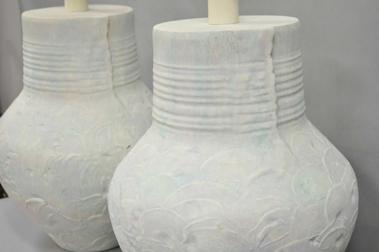 Vintage Postmodern Beach House Ceramic Plaster White Bulbous Table Lamps, a Pair