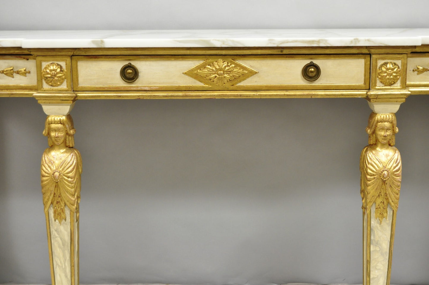 Antique Italian Neoclassical Cream & Gold Marble Top Figural Long Console Table