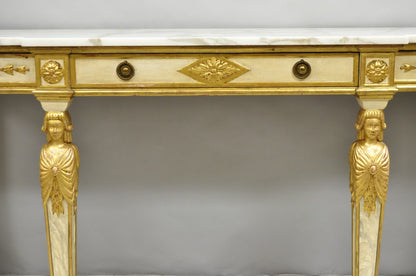Antique Italian Neoclassical Cream & Gold Marble Top Figural Long Console Table